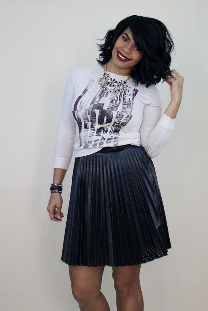 Graphic Long Sleeve Tee + Perforated Pleated Leather Skirt #chicafashionblog