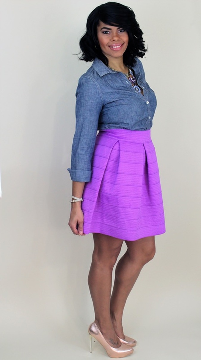 Chica Fashion Blog- Date Night Outfit Idea: Chambray Button Up + Textured Knit Skater Skirt 