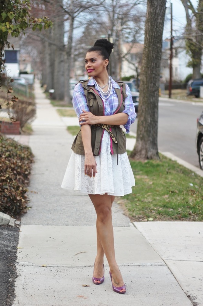 Alicia Gibbs: Easter Outfit: Plaid Button Up, Cargo Vest + Lace Skater Skirt #ChicaFashionBlog