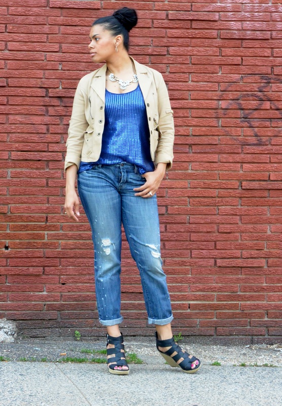 Alicia Gibbs: Chica Fashion: Boyfriend Jeans 2 Ways: Sequin Tank + Espadrille Wedges