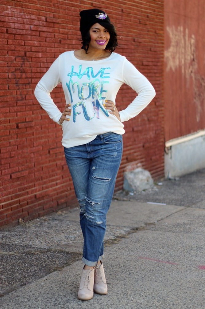 Alicia Gibbs: What to Wear to Church: Sequin Sweatshirt + Distressed Jeans #ChicaFashionBlog