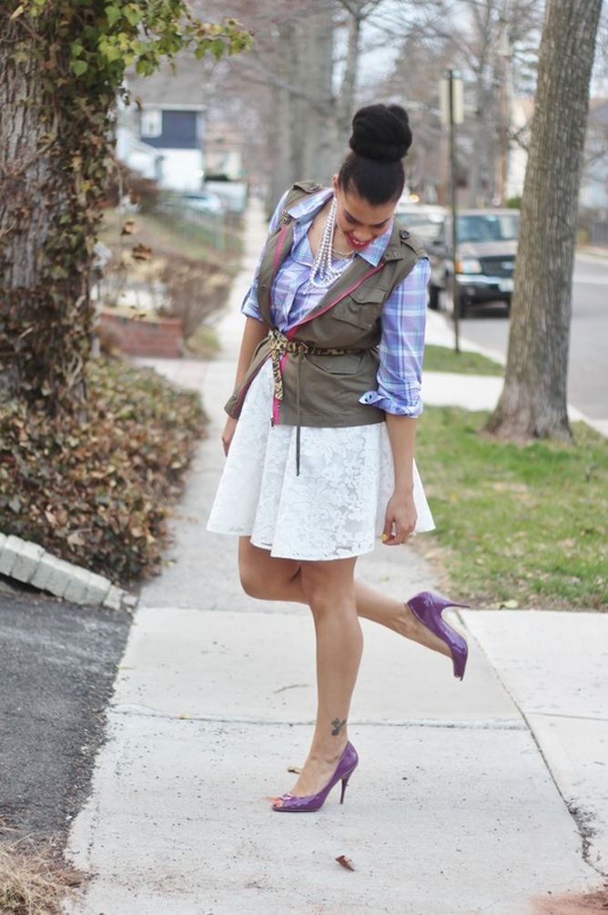 Alicia Gibbs: Easter Outfit: Plaid Button Up, Cargo Vest + Lace Skater Skirt #ChicaFashionBlog