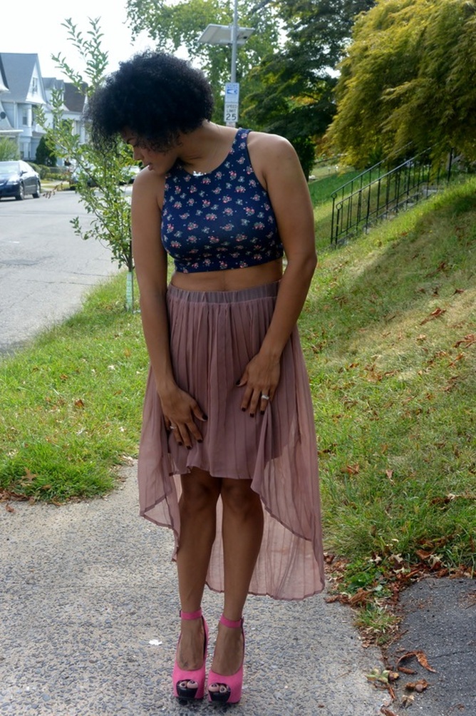 Floral Crop Top + Pleated High Low Skirt #ChicaFashion