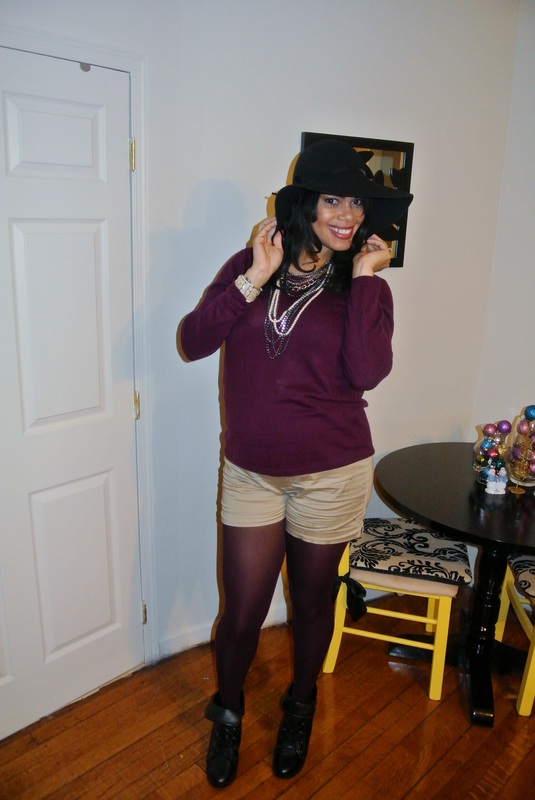 Oxblood Knit Top + Tights with Khaki Shorts