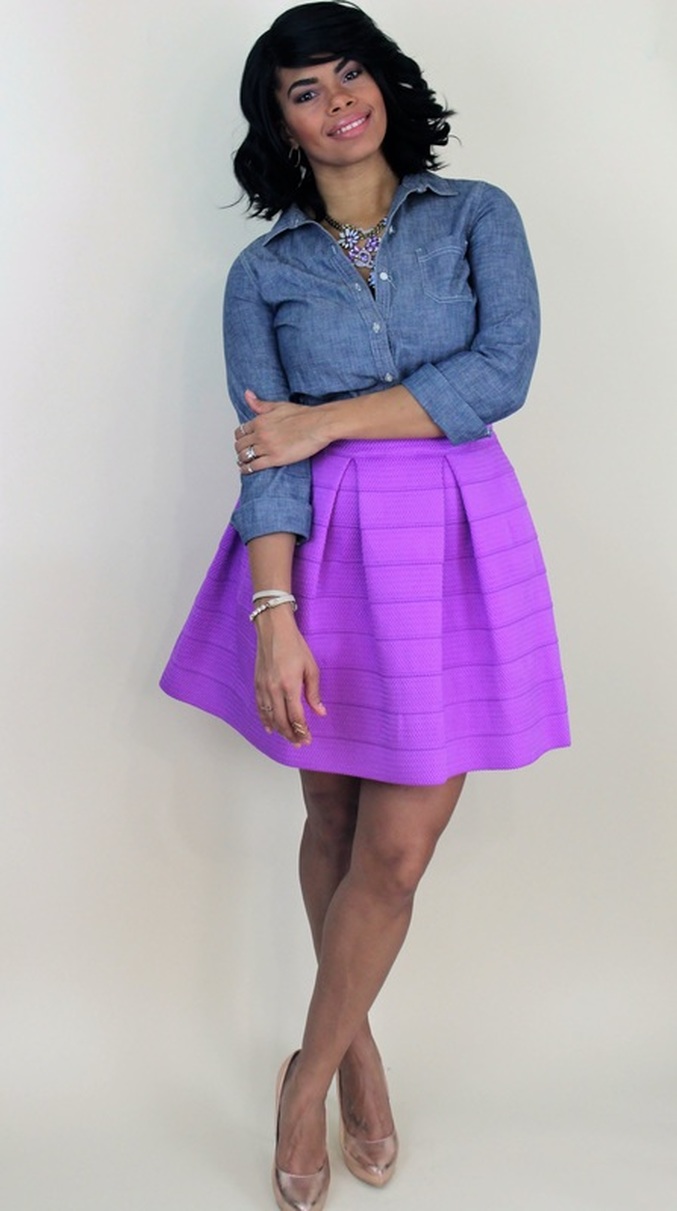Chica Fashion Blog- Date Night Outfit Idea: Chambray Button Up + Textured Knit Skater Skirt 