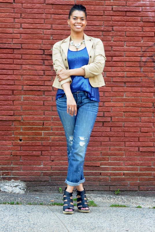 Alicia Gibbs: Chica Fashion: Boyfriend Jeans 2 Ways: Sequin Tank + Espadrille Wedges