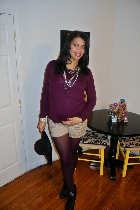 Oxblood Knit Top + Tights with Khaki Shorts