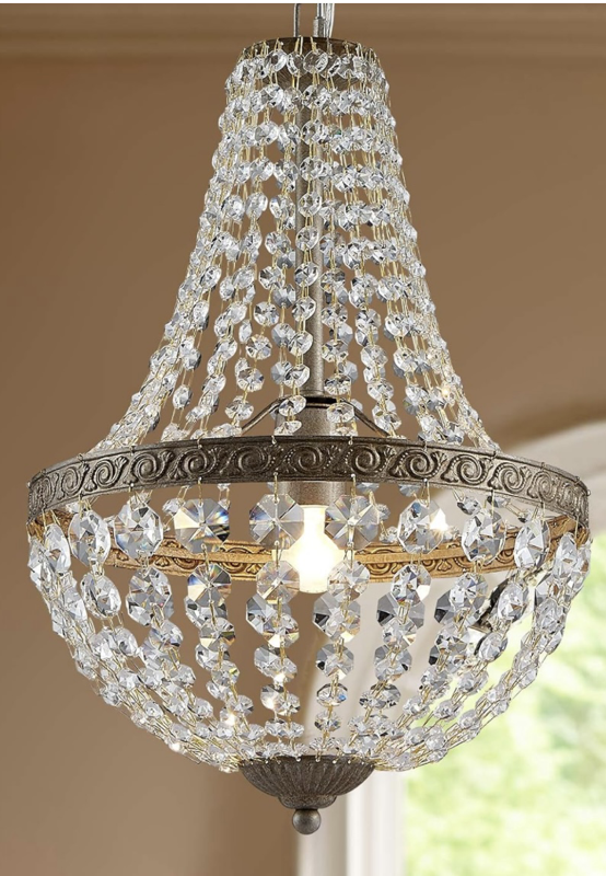 Bestier French Empire Antique Silver Finish Farmhouse Crystal Pendant Chandelier Lighting LED Ceiling Light Fixture Lamp Dining Room Bathroom Bedroom Livingroom 1 E26 Bulbs Required H18 inch X D12 inc
