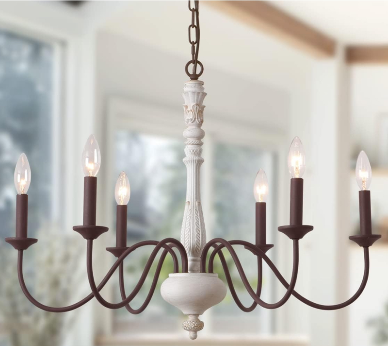 French Country Chandelier,6-Light Farmhouse Chandelier Vintage Candle Dining Room Lighting Fixture Brown White Antique Industrial Chandelier for Living Room Kitchen Island Foyer Bedroom Lighting
