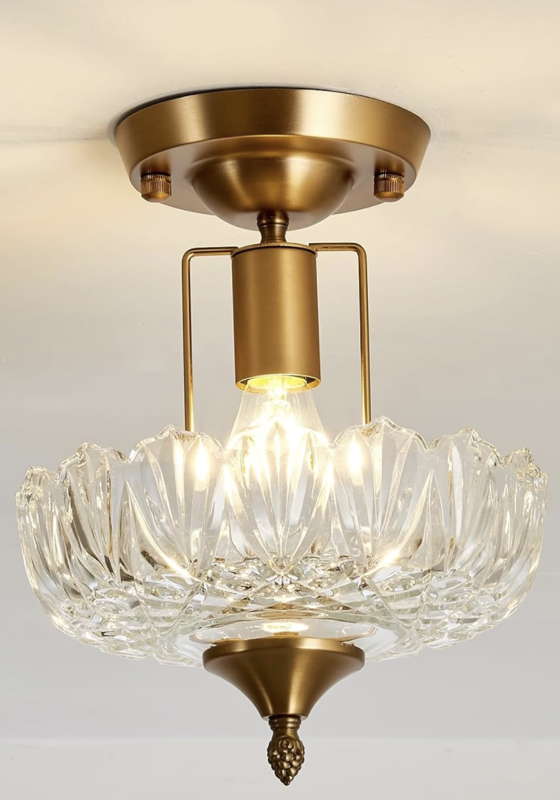 UOFUS Vintage Semi Flush Mount Ceiling Light Fixture Gold Globe Glass Shade Chandelier Glass Close to Ceiling Light for Hallway Indoor Farmhouse Kitchen Entryway Bathroom Porch Foyer